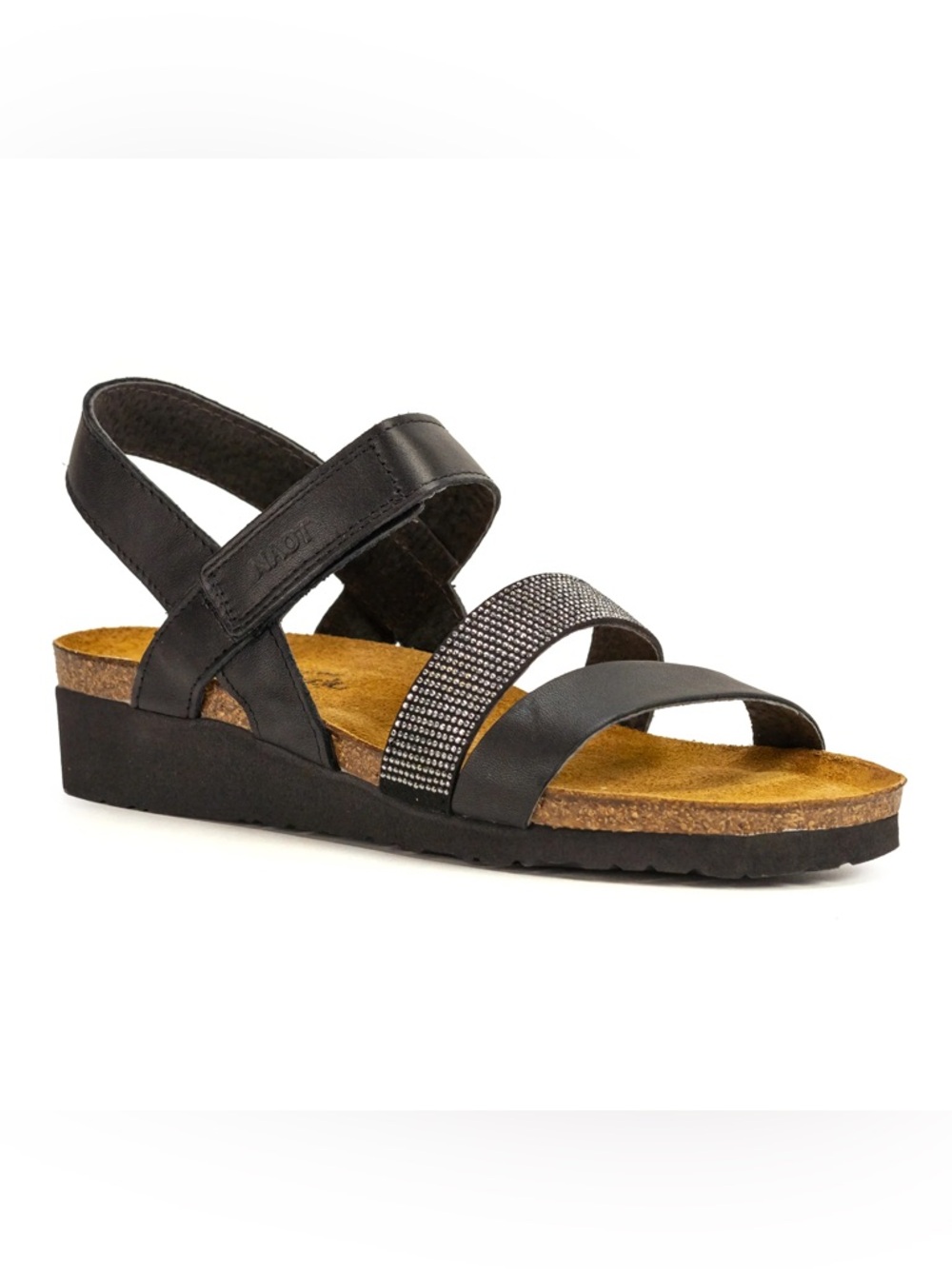 Naot Krista sandals, featuring a three-strap design with rhinestone accents